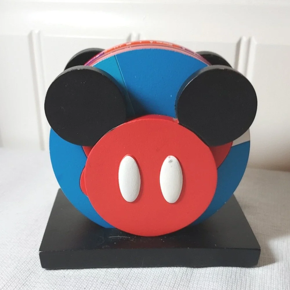 Disney Mickey Mouse Wooden Coaster Set with Holder Red Blue 4pc One‎ Size